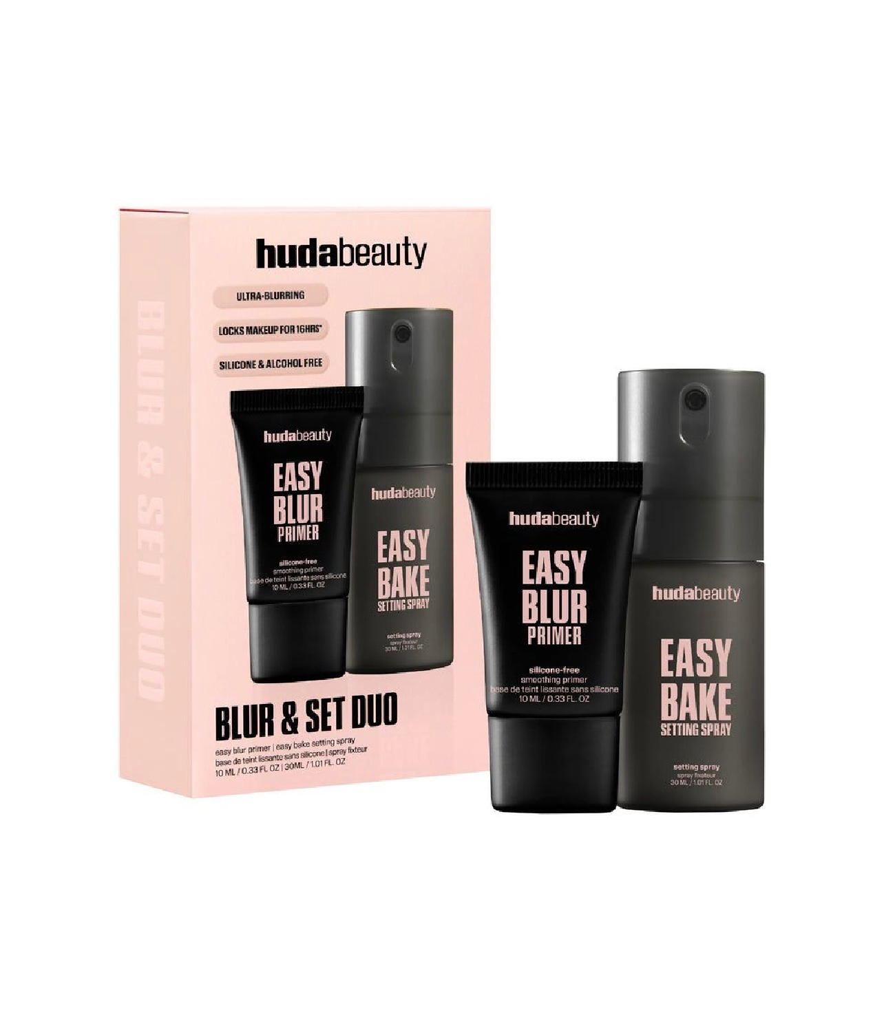 هذا المنتج هو مجموعة هدى بيوتي المصغرة (Huda Beauty Mini Blur & Set Duo)، وتتكون من قطعتين: